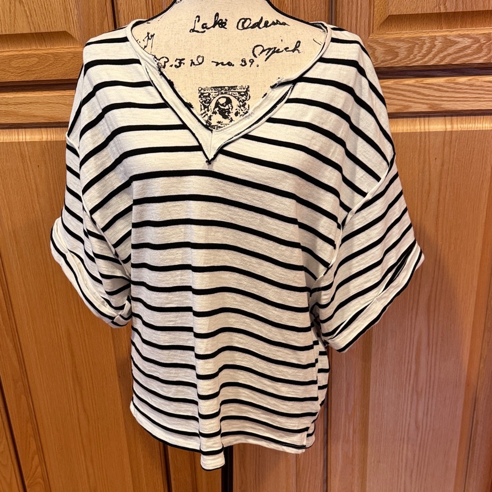 Anthropologie Black and White Striped V-Neck Tee